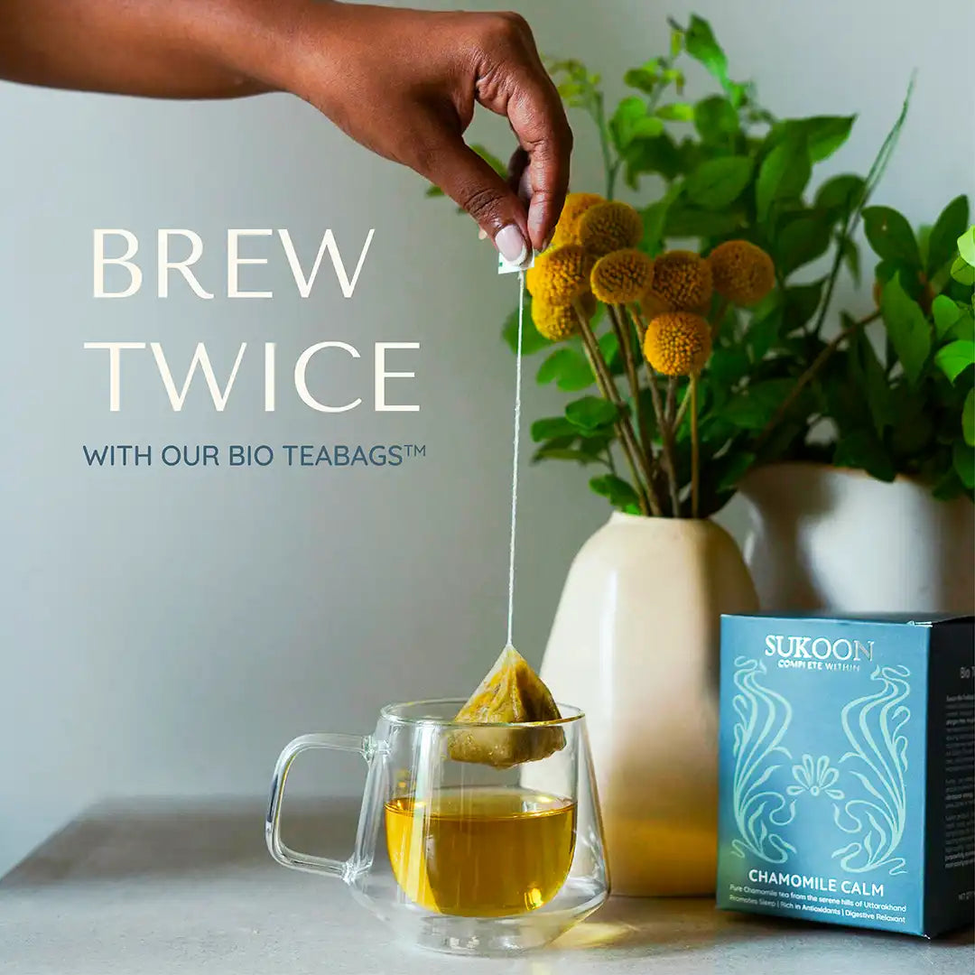 Sukoon Chamomile Tea getting brewed in a transparent cup